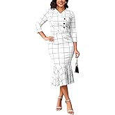 ZonJie Women Work Business Plaid Dress Casual Button Long Sleeve MIdi Dress Classy Bodycon Wedding Guest Dresses