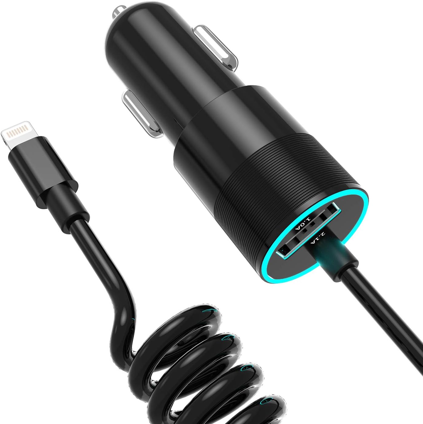 Coiled Cable Car Charger Compatible iPhone XR/X/XS MAX / 8 Plus / 8/7 / 6s / 6s Plus 5S 5 5C SE, iPad and More, with Extra USB Port