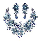 EVER FAITH Women's Crystal Elegant Flower Leaf Bridal Necklace Earrings Set Dark Blue Gold-Tone