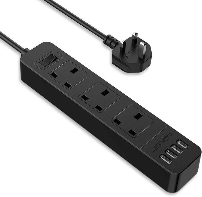 JSVER Extension Lead with USB Slots 4 USB 3 Outlets 3M 3250W 13A with Switch