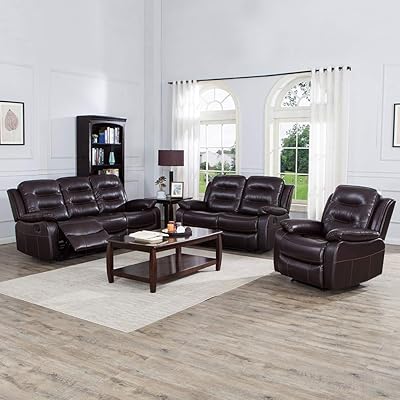 JUNTOSO 3-Piece Recliner Sofa Set, Bonded Leather Lounge Chair