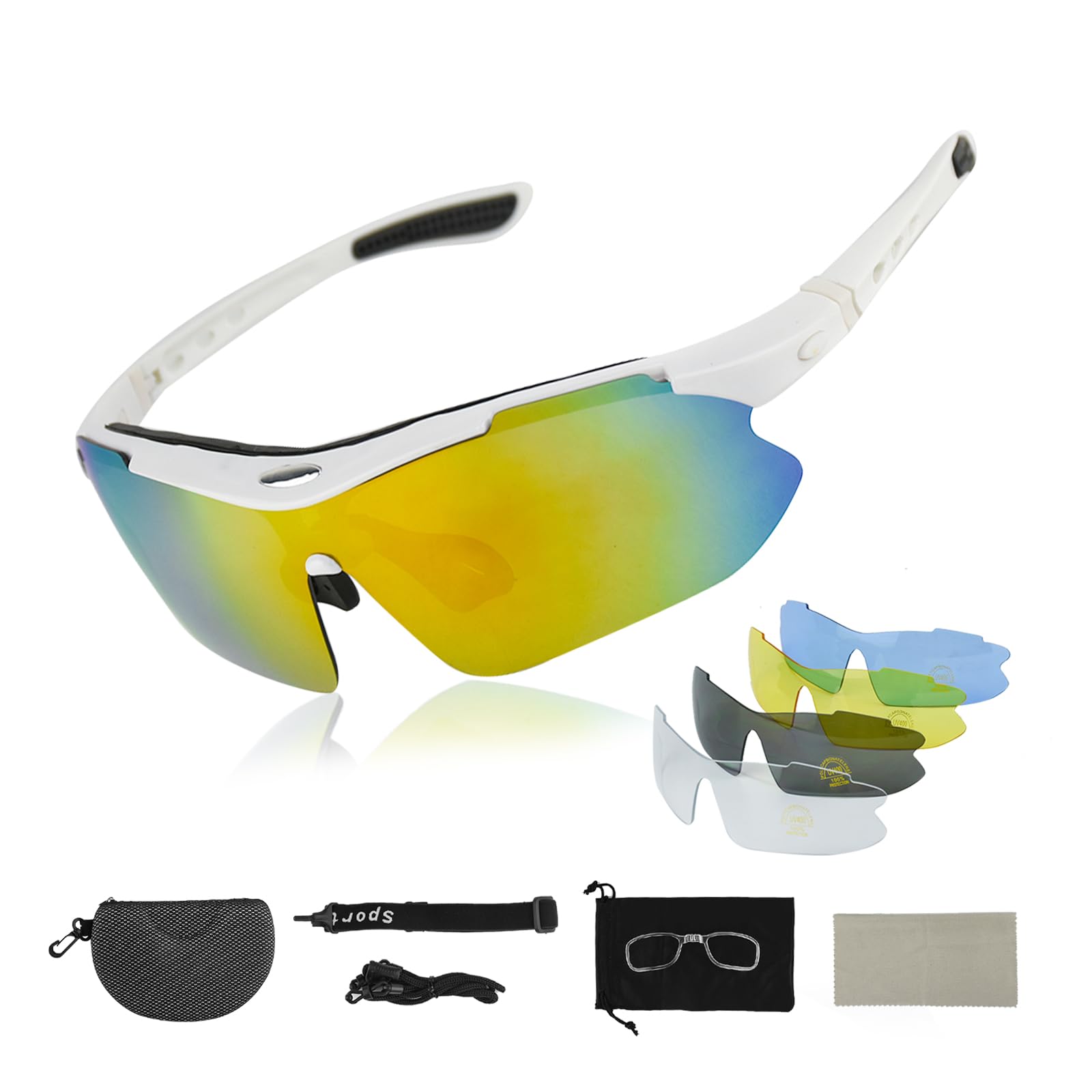 Zequech Polarized Cycling Glasses, 5 Different Scene Functions'S Interchangeable Lenses, Outdoor Sport Detachable Glasses Cord Headband, for Driving Night Rain Low Visibility Fishing (White Frame)
