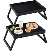 RRX Bamboo Bed Tray Table with Folding Legs, Breakfast Tray, 2 Pack (Black) | Bed Trays for Folding Table Eating, Kitchen Serving, Food, Sofa, Snacking or Working, Laptop Desk Dinner, Snack Tray