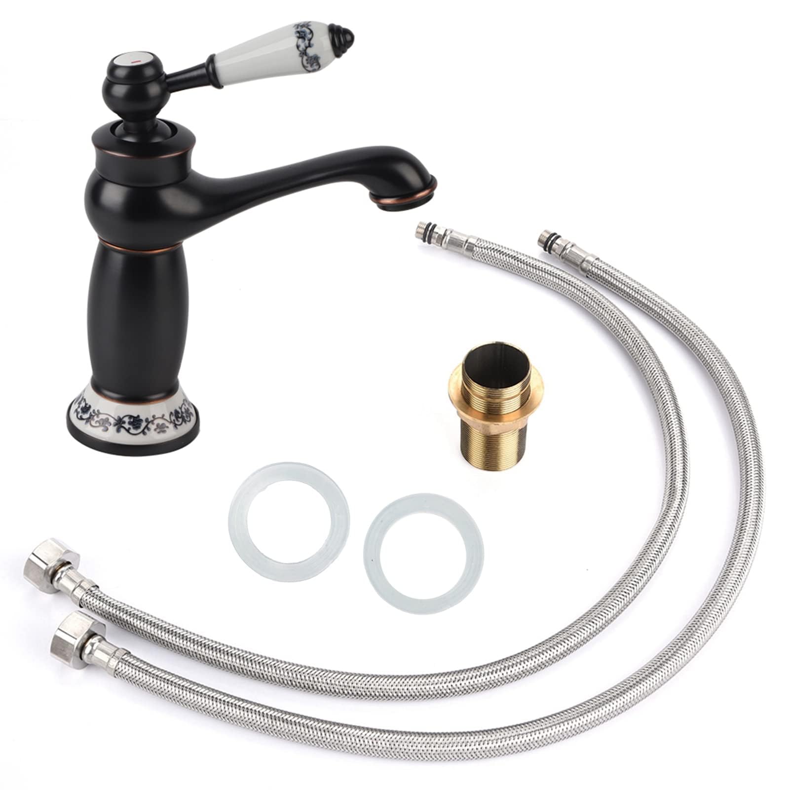 Fdit Antique Brass Ceramic Bathroom Sink Tap Blue and White Porcelain Socialme-EU (Black)