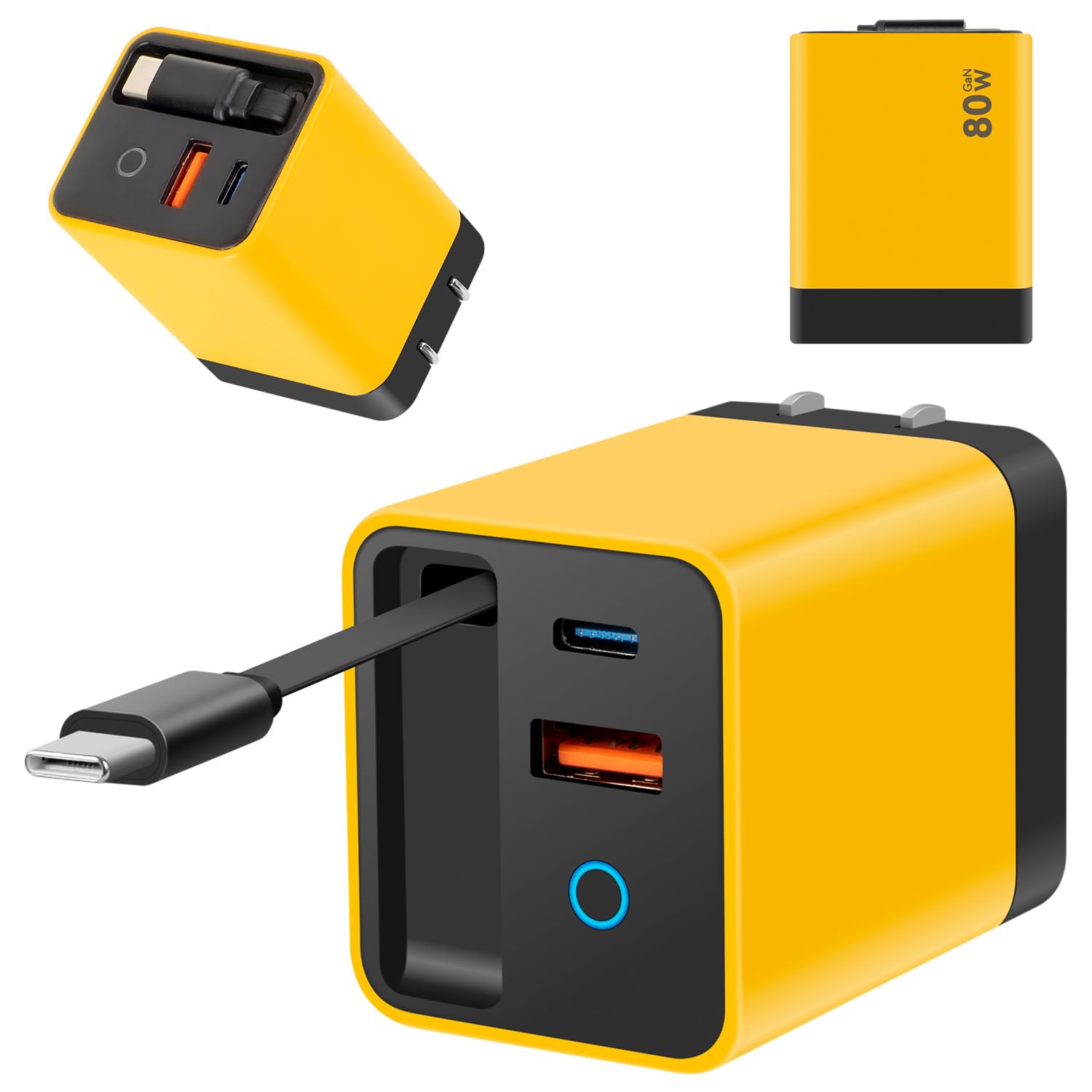 Photo 1 of 3 in 1 GaN Charger,Scalable 80w Max Fast Charger Module with Type-C Cable & 2 USB Ports, Scalable Charging for iPhone 15/14, Samsung, MacBook, iPad, Laptops - Home Travel Essential (Yellow) (Yellow)