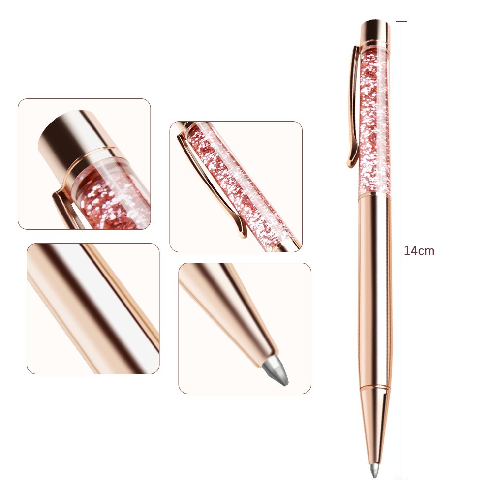Ballpoint Pens, BYSOU 4 Pcs Rose Gold Metal Pen Refills Bling Dynamic Liquid Sand Pen Black Ink for Office Supplies