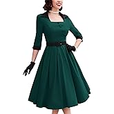 MUXXN Women's 50s Retro Casual Swing Midi Dress 3/4 Sleeve Square A Line Neck Vintage Cocktail Wedding Guest Bodycon Prom