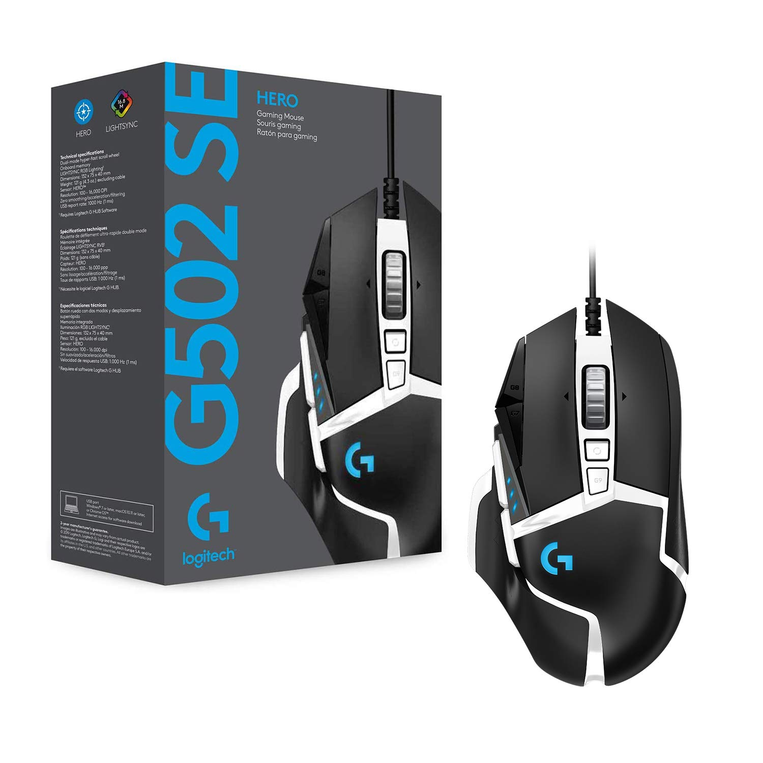 Logitech G502 Hero Special Edition High-Performance Wired Gaming Mouse, 25K Hero Sensor, 25600 DPI, RGB, Adjustable Weight, 11 Programmable Buttons, PC/Mac - Black and White