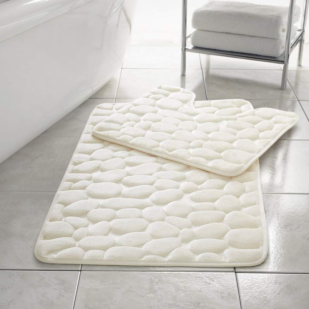 Comfort Collections Bath Mat Set 2 Piece Non Slip Soft Pedestal and Bath Rug Memory Foam Pebble Bathroom Shower Mat STYLE: PEBBLE COLOUR: CREAM