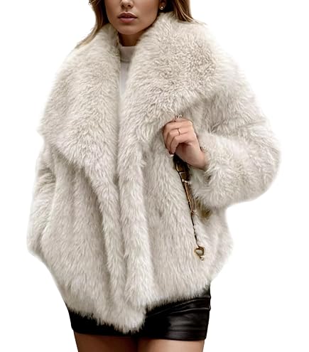 Yimoon Womens Faux Fur Coat Lapel Warm Fluffy Fur Jacket(Apricot