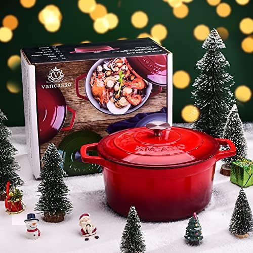 Cazuela Hierro Fundido para Horno, 26 cm 5 Litros Redonda Olla Antiadherente Anticorrosiva Esmalte con 2 Asas para Cocina Estofado, Paella, Freír, Asar, Saltear - Rojo