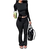SHENHE Women's 2 Piece Outfits Long Sleeve Crop Top and Y2k Fold Over Flare Leggings Yoga Set Tracksuit