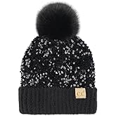 C.C Kids Sequin Fur Pom Beanie for Boys Girls - Comfortable Soft Warm Children Youth Knit Skully Hat with Faux Fur Pom