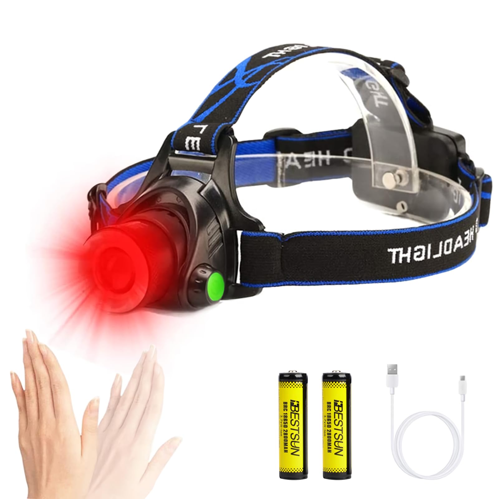 XLENTGEN Red Head Torch Rechargeable Red Light Headlamp with Motion Sensor - 3 Modes Red LED Headlight Waterproof Head Lamp Zoomable for Hunting, Fishing, Astronomy