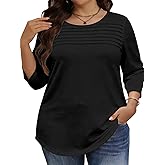 Womens Plus Size Tops 3/4 Sleeve Shirts Casual Roundneck Tunics Top Pleated Spring Summer Blouse