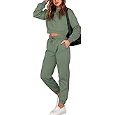 BTFBM Women 2 Piece Outfits Long Sleeve Crop Top Pullover Drawstring Pant Jogger Set Casual Sweatsuits Tracksuit Pockets