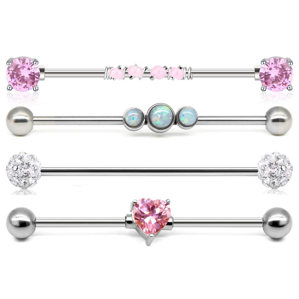 Briana Williams 4pcs Stainless Steel Industrial Piercing Bars 14G 38mm Straight Barbell with CZ Opal Ear Piercing