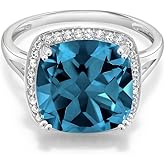 Gem Stone King 10K White Gold Gemstone Birthstone and White Created Sapphire Ring For Women | Cushion 12MM | Wedding Anniversary Promise Ring For Women | Available In Size 5, 6, 7, 8, 8