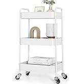 TOOLF 3-Tier Rolling Cart - Metal Utility Storage Organizer with Lockable Wheels, 33 lbs Per Shelf, Tool-Free 5-Min Assembly,