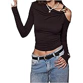 SweatyRocks Women's One Shoulder Twist Ruched Going Out Tops Long Sleeve Fitted T Shirts