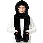 Qincycle Hooded Scarf for Women Winter - Faux Fur Scarf Hat Gloves 3 in 1 Set Soft Thick Warm