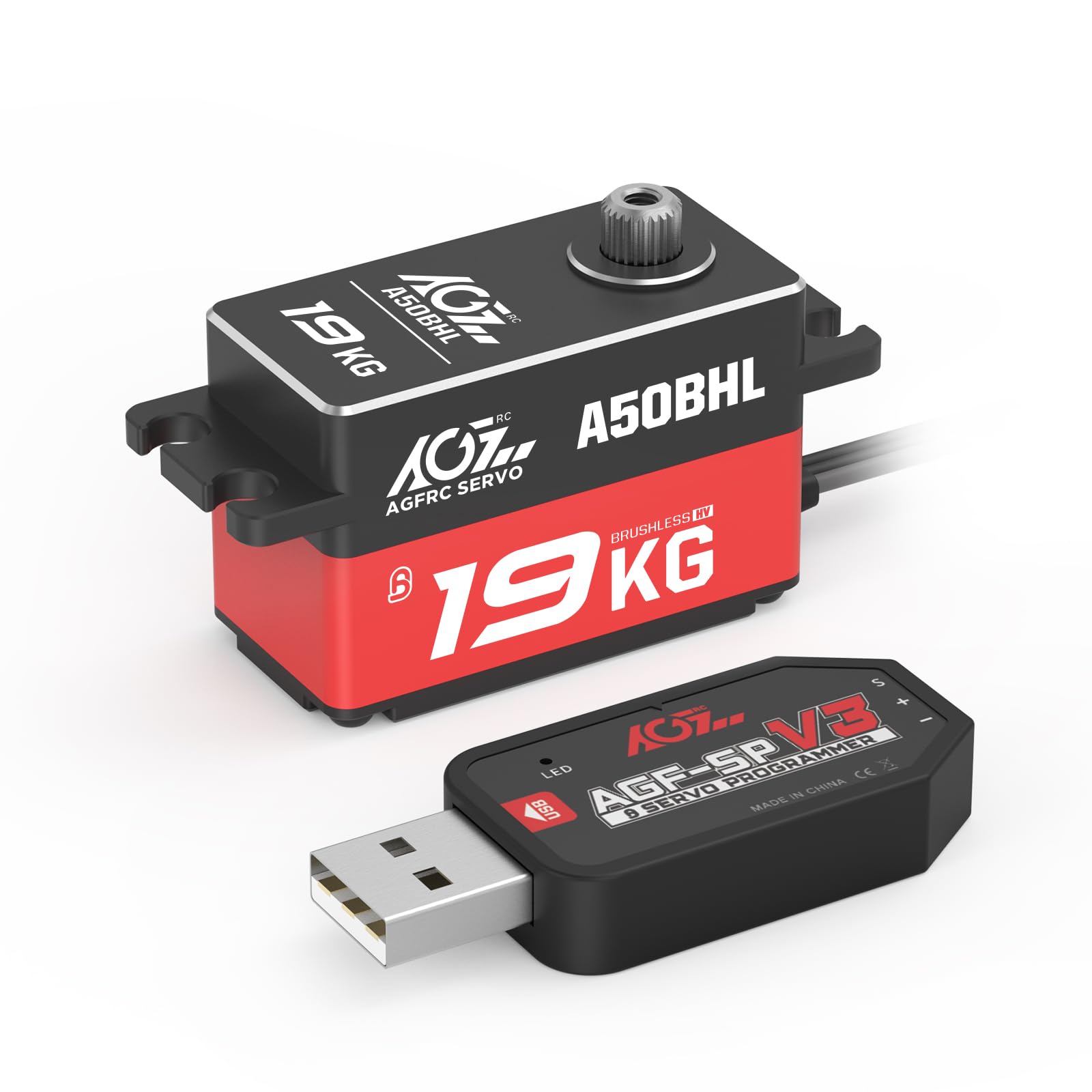 AGFRC 19KG Low-Profile High-Torque Programmable-Digital-Servo - Full Metal Gear CNC Case Brushless Servo for 1/10 RC Models, Control Angle 180° (A50BHL&AGF-SPV3)
