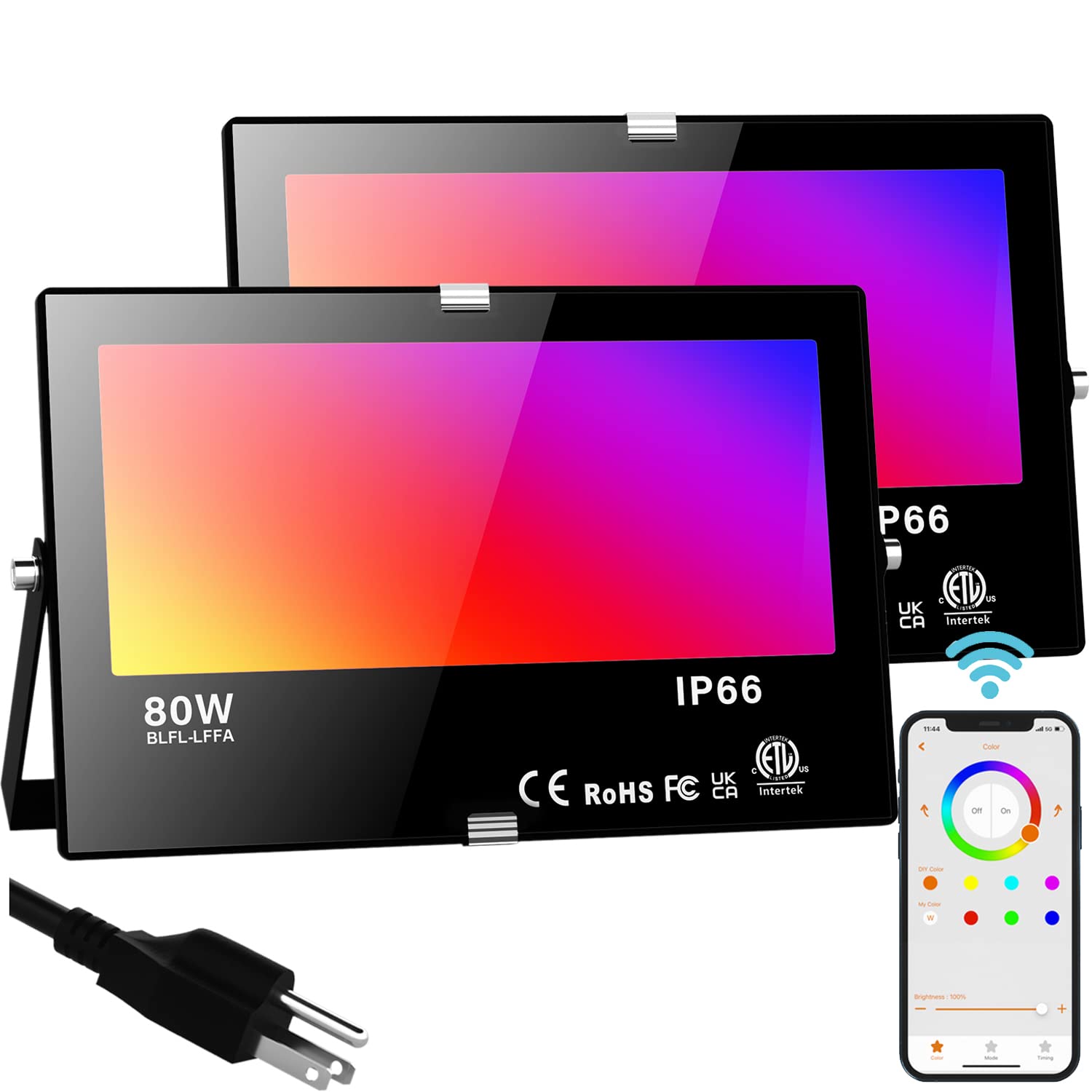 LED Flood Light Outdoor 800W Equivalent, Bluetooth Smart Color Change Landscape Lighting, DIY-Scene+RGB Colors+Warm White 2700K - APP&Group Control & Timing IP66 Waterproof US 3-Plug Up Light 2Pack Image