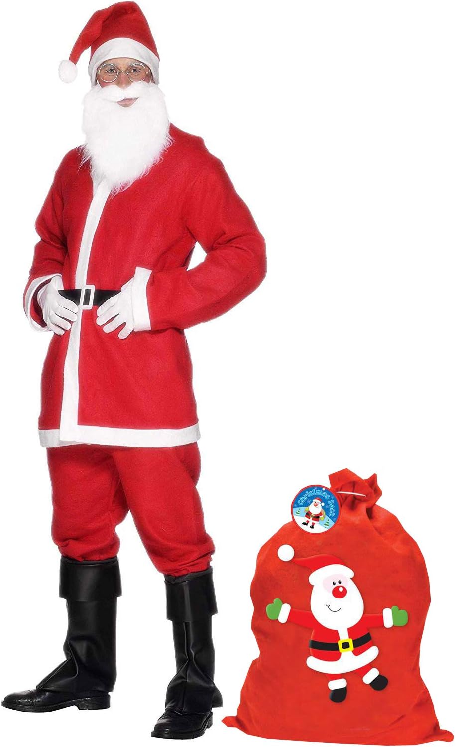 FATHER CHRISTMAS / SANTA RED SUIT HAT BELT MENS XMAS COSTUME WITH LARGE BELT DESIGN SANTA SACK