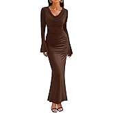 ZESICA Women's 2026 Fall Long Sleeve Ruched Knit Bodycon Maxi Dress Cowl Neck Back Slit Formal Wedding Guest Cocktail Dresses