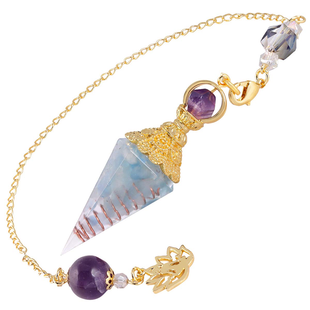 Nupuyai Aquamarine Healing Crystal Point Dowsing Pendulum for Divination Scrying, Resin Chip Stone Faceted Hexagonal Pendulum with Chain