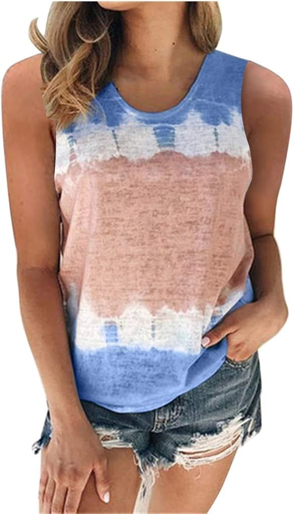 ZEFOTIM Fashion Womens Color Block Tie-Dye Sleeveless Crew-Neck Casual Tanks Tops（S-5XL）