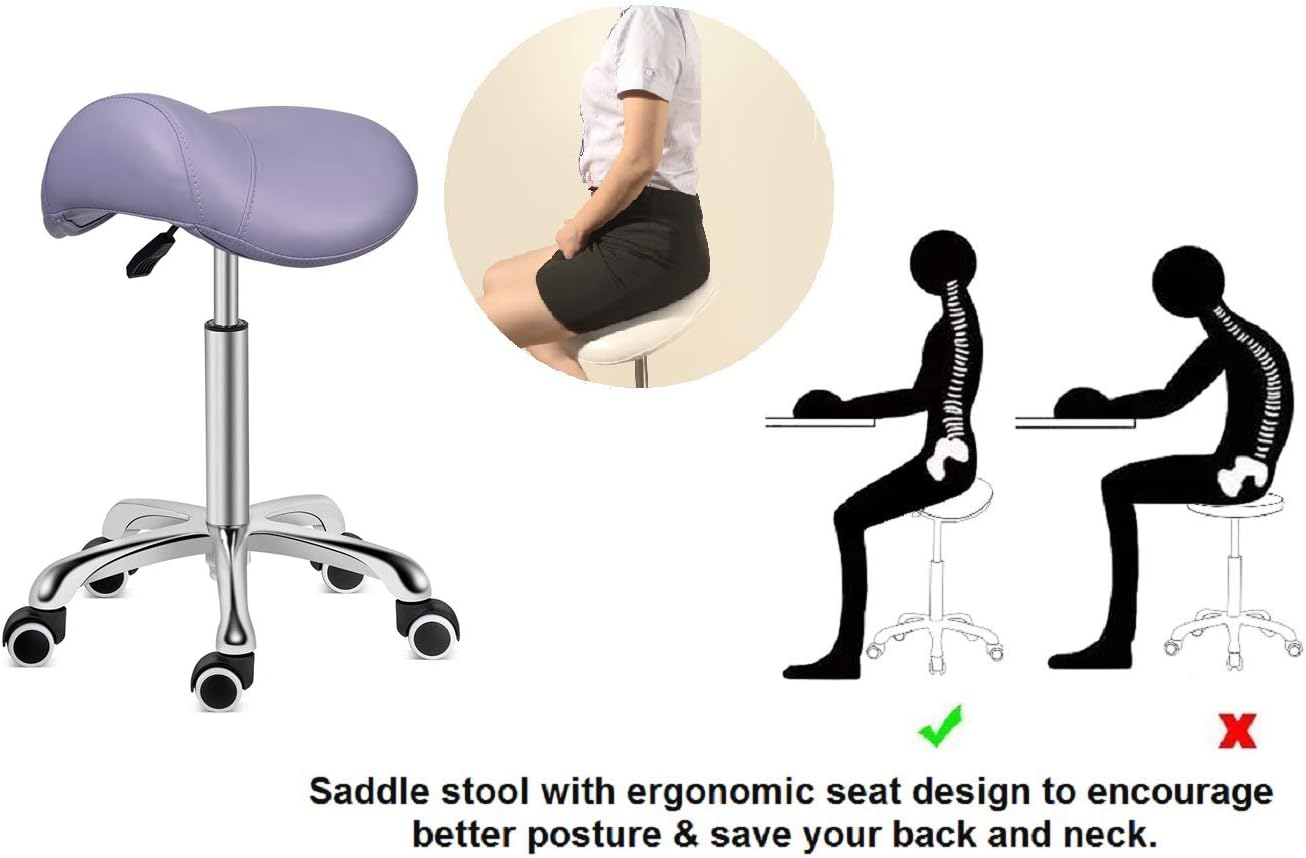 Kaleurrier Saddle Stool Rolling Swivel Height Adjustable with Wheels,Heavy Duty Anti-Fatigue Stool,Ergonomic Stool Chair for Lab,Clinic,Dentist,Salon,Massage,Office and Home Kitchen (Purple): Furniture & Decor