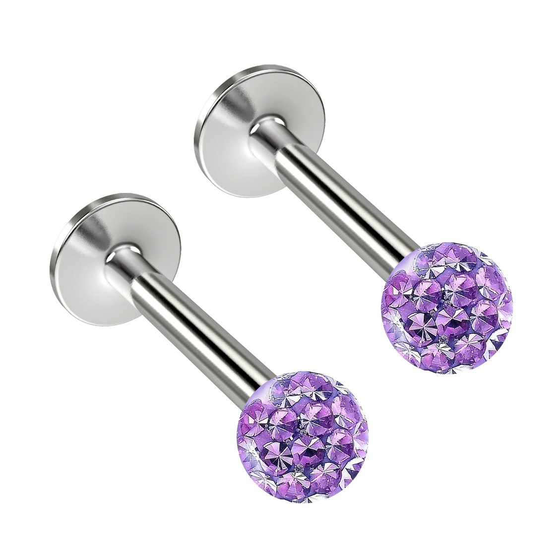 2pc 16g 1.2mm CZ Violet Labret Bar Lip Studs Cystal Sparkly Glitter Ball Surgical Steel Monroe Rings 8mm