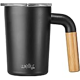 Welly Camp Cup 12oz | Vacuum Insulated Stainless Steel & Bamboo Travel Mug | Triple Wall, Wide Mouth, BPA Free (Black)