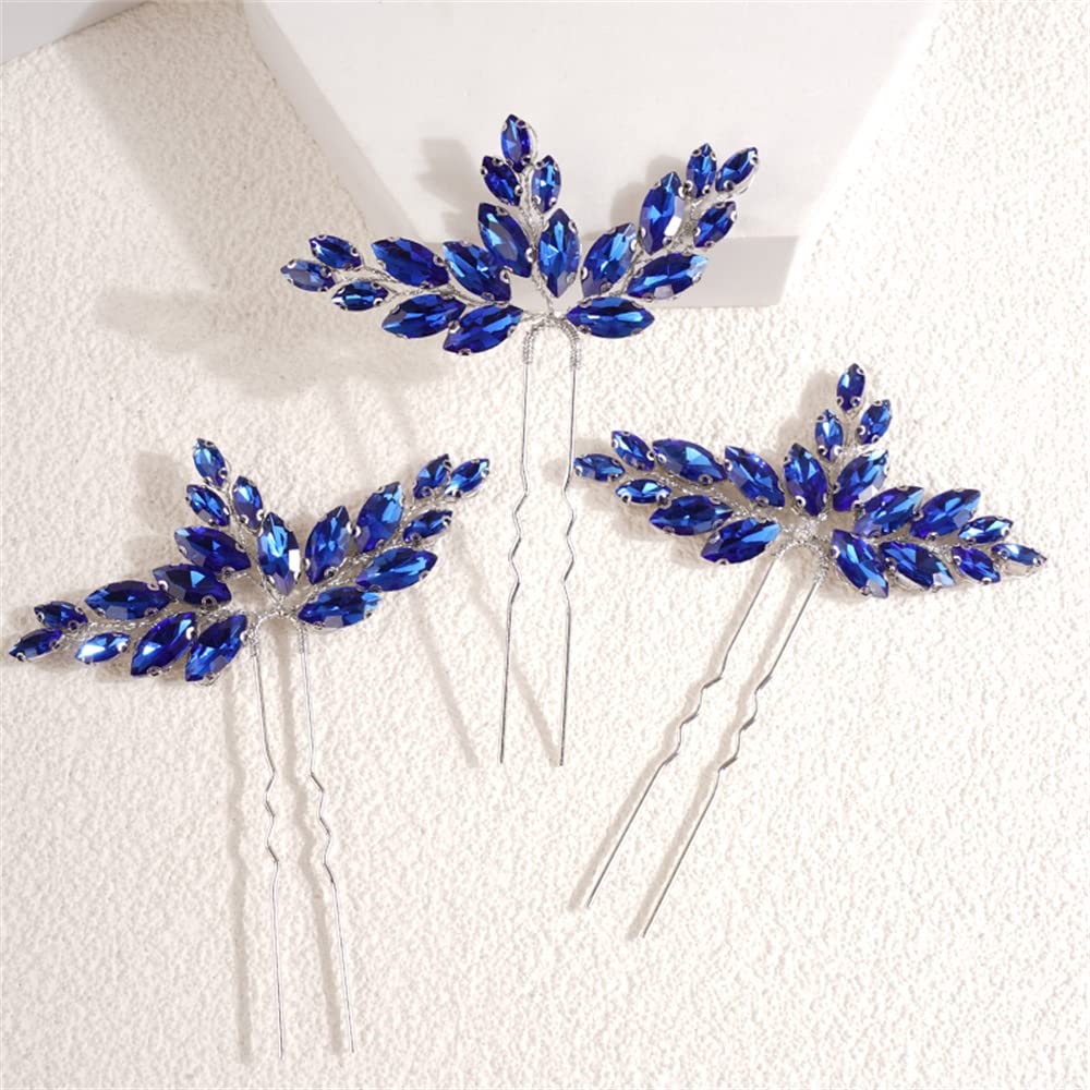 BERYUAN Wedding Blue Crystal Rhinestone Hair Pins Teardrop Rhinestone Wedding Headband Rhinestone Hair Pins Silver Gold Bridal Hair Piece for Brides Bridesmaid Girls (BLUE)