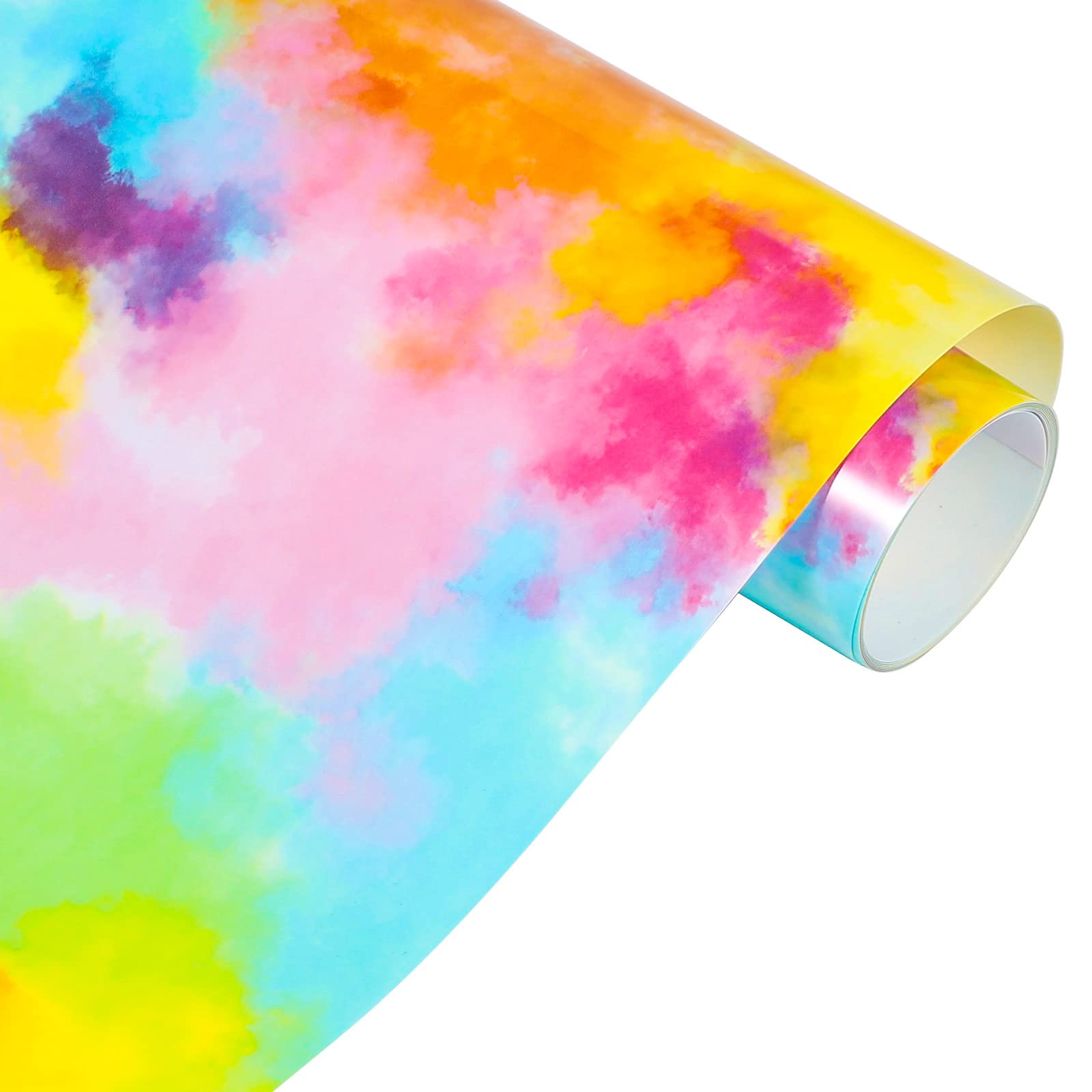 Rainbow HTV Vinyl Tie-Dye Heat Transfer Vinyl 10" x5ft Vinyl Roll for DIY T-Shirts, Fabric and Garment-Blue Yellow Watercolor Clouds Patterned Vinyl