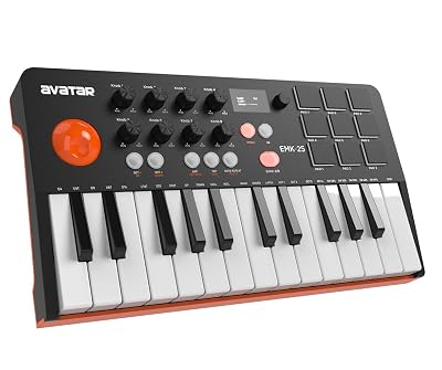 HXW Portable Bluetooth MIDI Keyboard Controller, With 25 Key, 9 Backlit Beat Pads, OLED Display, 8 Knobs, Software Included, USB Powered/Battery Operation