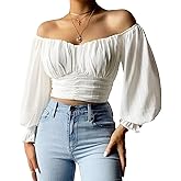 MIRACMODA Woman Off Shoulder Ruched Tie Back Lantern Sleeve Crop Tube Top Chiffon Blouse