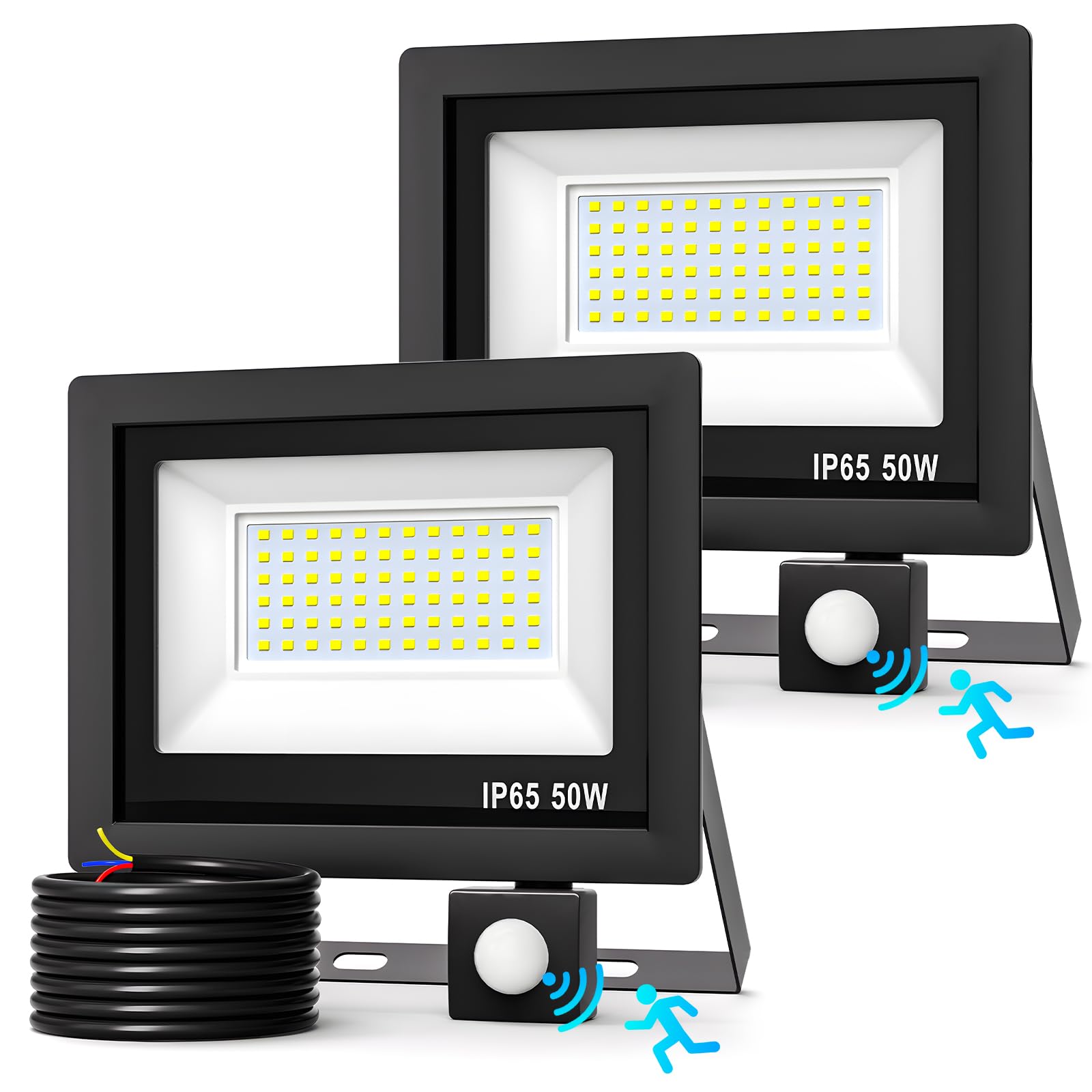 Realky 50W Security Lights with Motion Sensor 2 Pack, 6500K Cold White 5000LM Security Lights Outdoor Sensor Light LED Spotlight IP66 Outdoor Floodlight Motion Sensor for Backyard Garden Garage