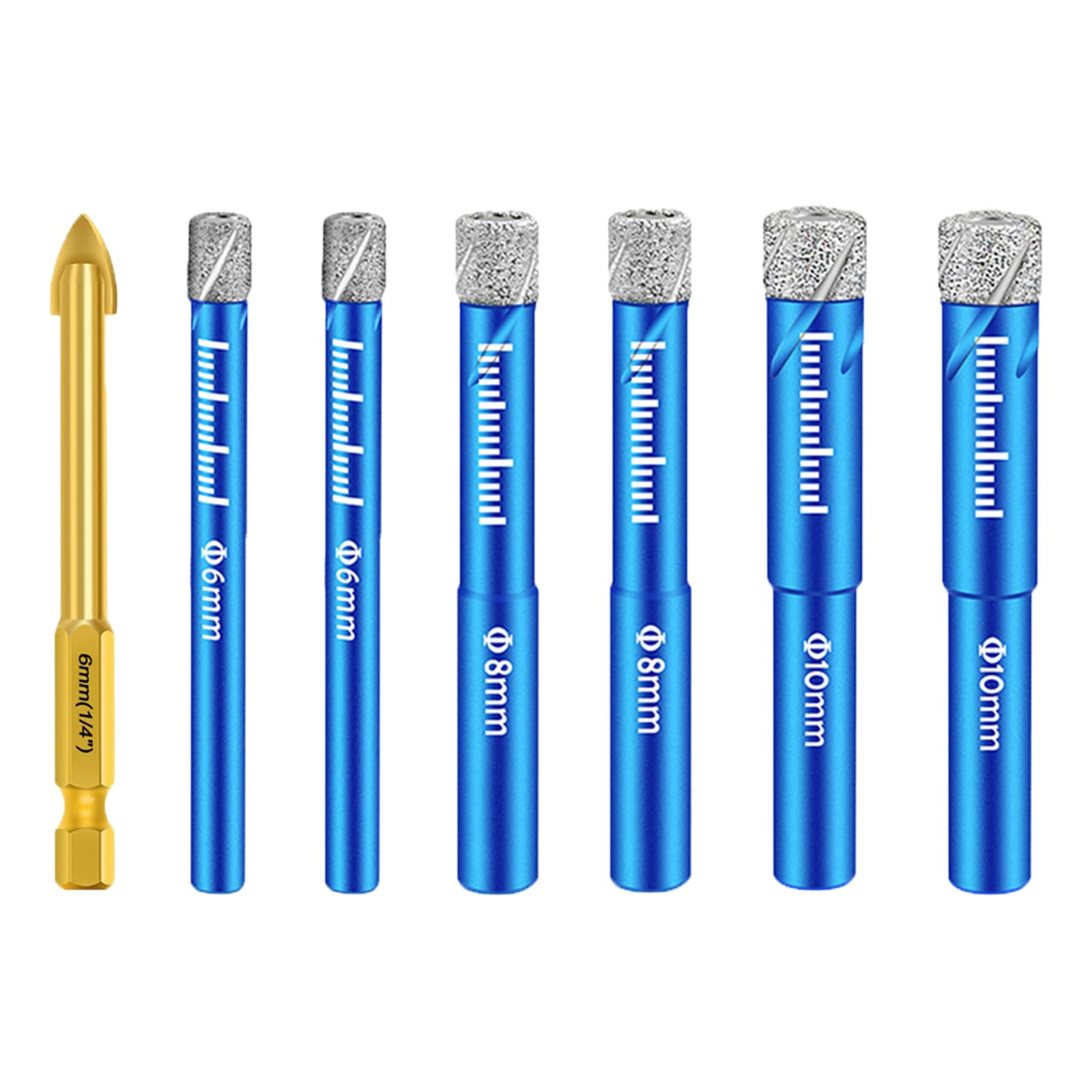Tile Drill Diamond Drill Glass Drill Set 6 Pieces 6/6/8/8/10/10 mm with 6 mm Carbide Drill for Ceramic, Granite, Glass, Porcelain, Tiles, Porcelain Stoneware