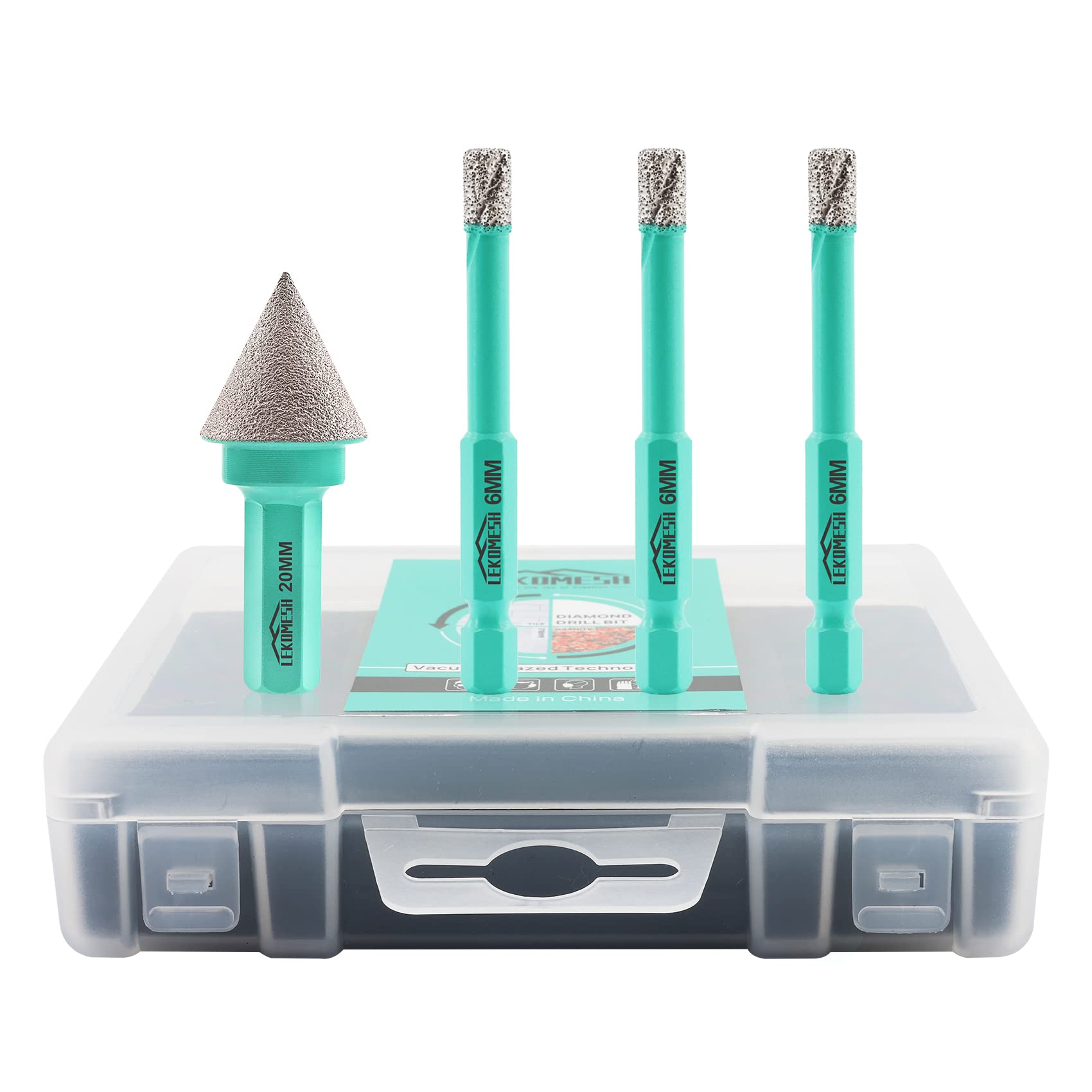 LEKOMESH Diamond Drill Bit Kit - 3pcs 6/6/6MM Diamond Hole Saw & 1pc 20MM Beveling Chamfer Bit with Hex Shank for Porcelain Tile Drill Bits for Ceramic Marble Granite Stone Quartz