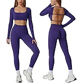 ABOCIW Workout Sets for Women 2 Piece Seamless Backless Long Sleeve Crop Top High Waisted Leggings Gym Sets