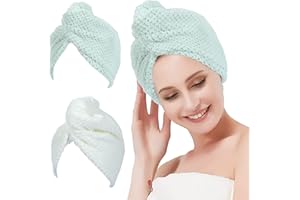 MaopaoBeauty 2 Pack Microfiber Towel for Hair Drying, Super Absorbent Hair Towels with Double Buttons, Hair Wrap Towels for Curly Hair, Wet Hair (Beige&Green)