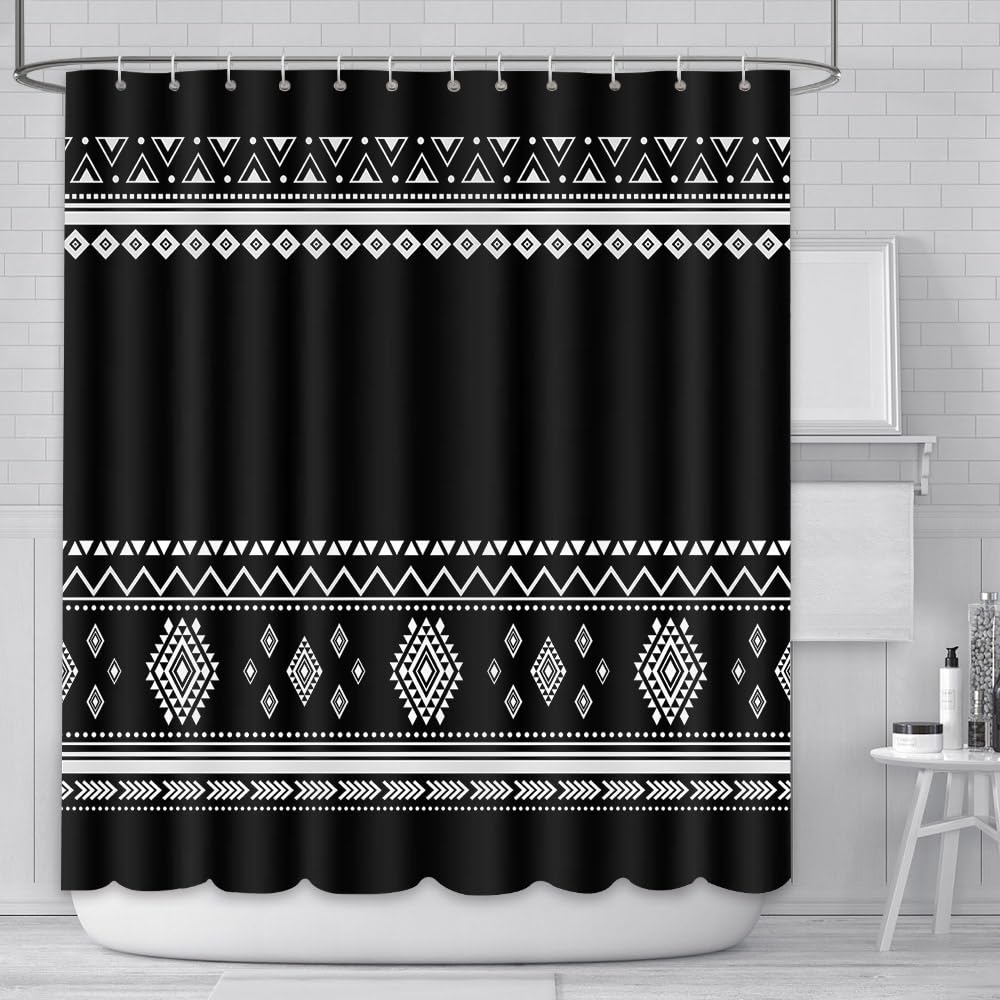AIBIIN 180x180cm Boho Shower Curtain Modern Black Bath Curtains for Bathroom Durable Polyester Material with 12 Hooks