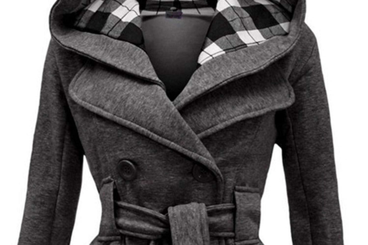 weinri women casual hooded neck long sleeve solid double-breasted fleece coat coats