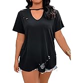 WDIRARA Women's Plus Size Cut Out Keyhole Neck Ripped Short Sleeve Tee Casual T Shirt