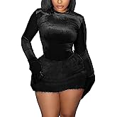 LKOUS Women's Dressy 2 Piece Outfits Long Sleeve Solid Velvet Top and Fuzzy Skirt Rave Skirt Sets