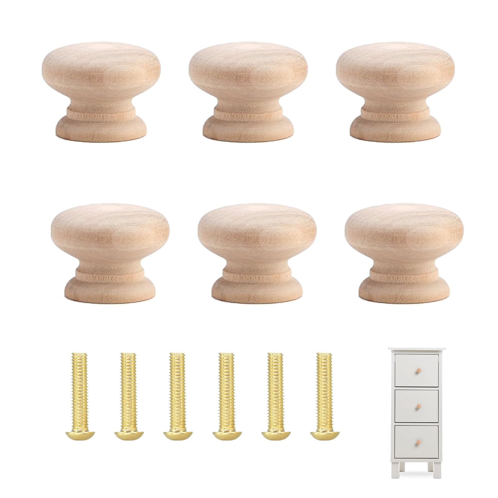 GMHLLES Wooden Drawer Knobs, 6 Pcs Round Mushroom Handles with Screws Natural Solid Wood Cupboard Knobs for Kitchen Office Furniture (35mm)