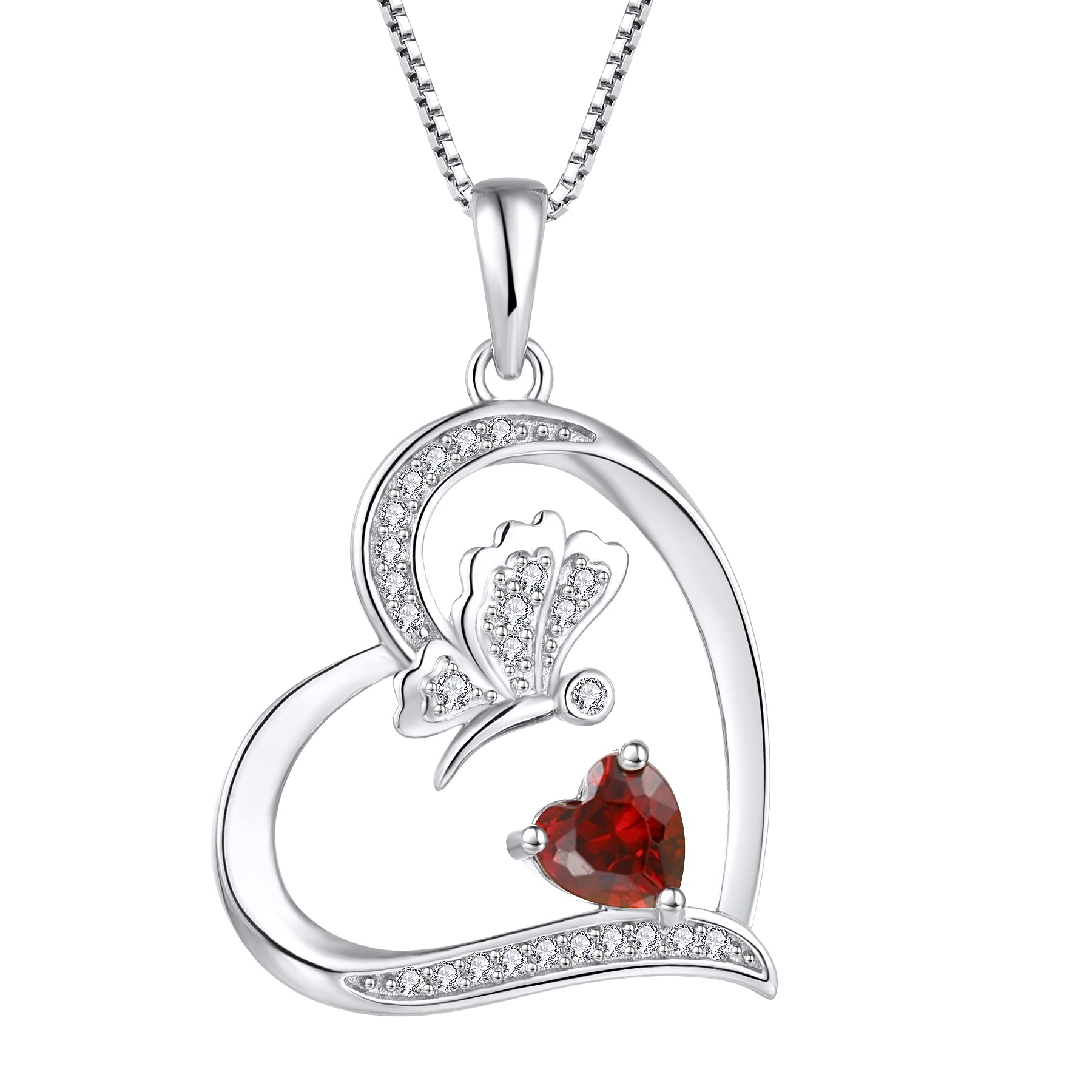 FJ Love Heart Butterfly Necklace 925 Sterling Silver Garnet Necklace January Birthstone Pendant Jewellery for Women