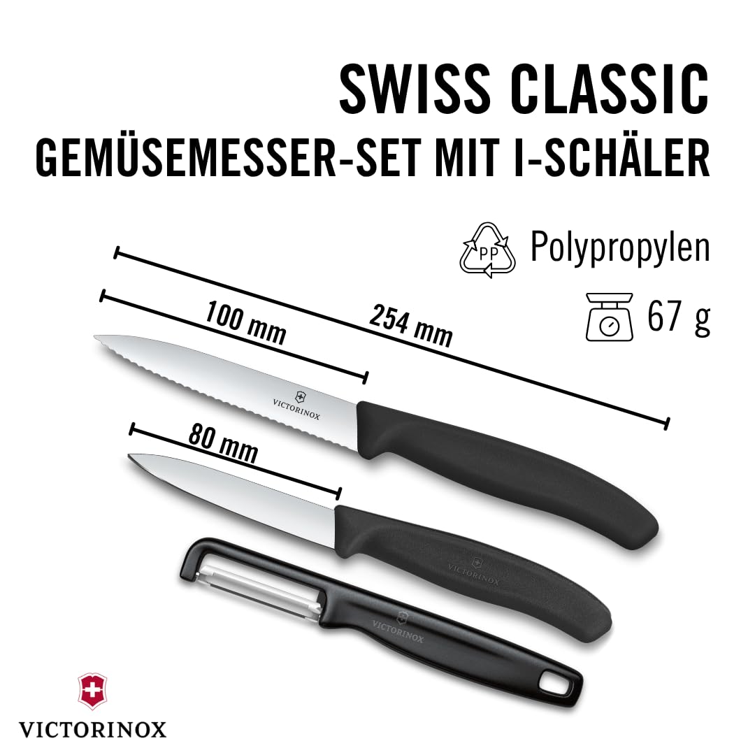Victorinox Swiss Classic Gemüsemesser Set mit Sparschäler, Schälmesser und Tomatenmesser, 3-teilig, Extra Scharfe Klinge, Schwarz 2